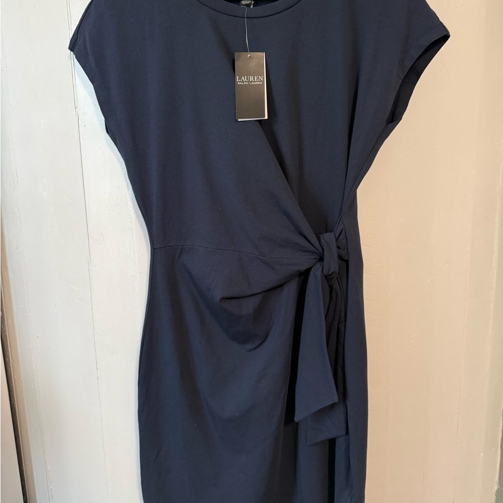 NWT LAUREN, RALPH LAUREN Navy Blue Dress Short Sleeve Knot Waist Tie Medium